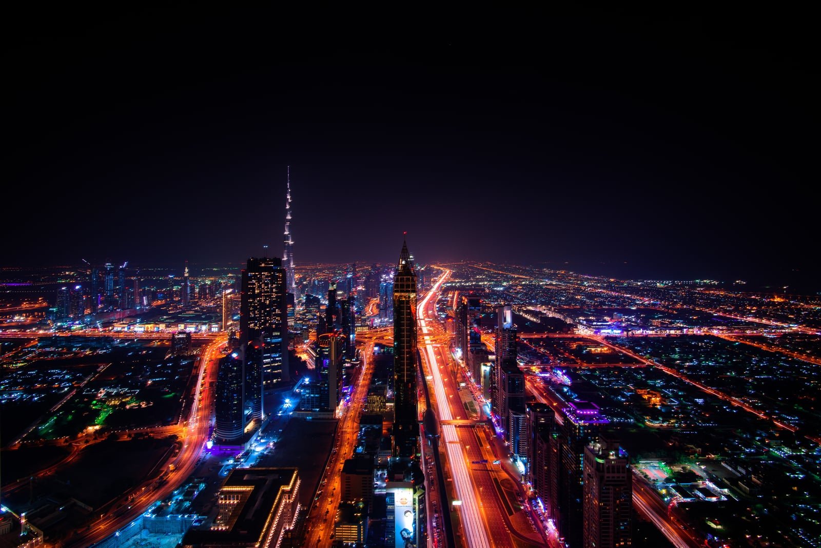 Dubai skyline at night, including the Burj Khalifa